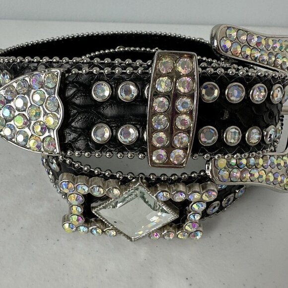 Nocona Black Leather Belt Crystal Rhinestone Aurora Borealis M/L - Picture 2 of 15